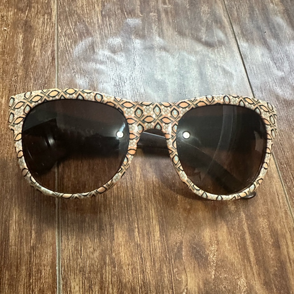 Tory Burch Beige Patterned Oversized Sunglasses with Brown Lenses